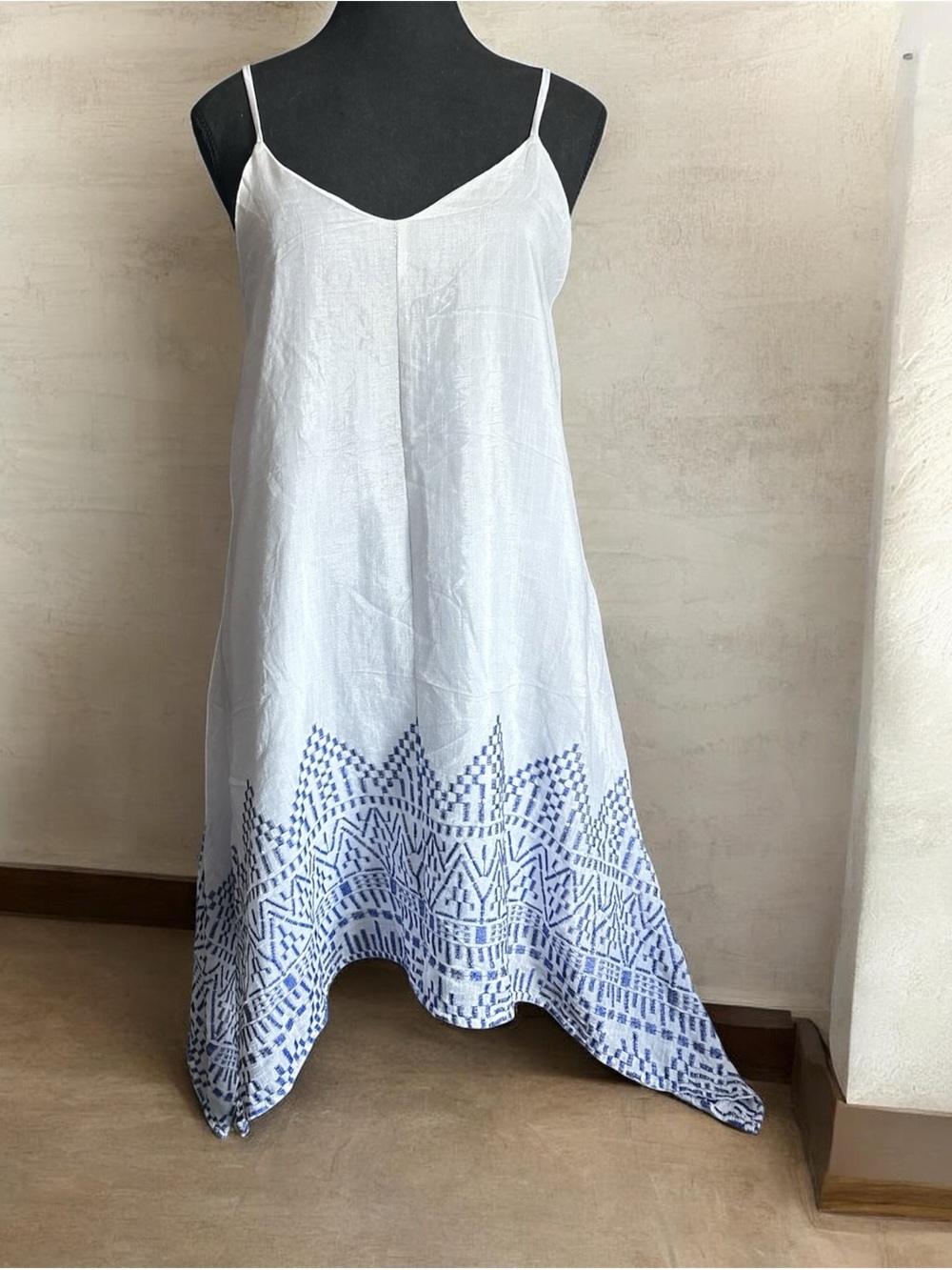 DREW White Slip Dress with Blue Geometric Hem